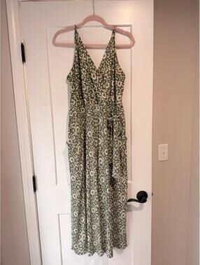 Kaileigh Sage Green Floral Jumpsuit XL Wide Leg Boho Tie Waist Romper
